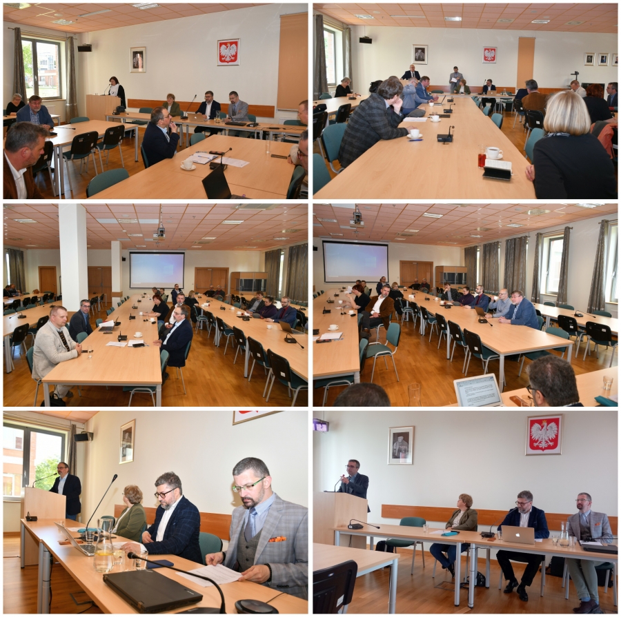 Sześć fotografii zestawionych w dwóch kolumnach, przedstawiających uczestników spotkania siedzących przy stołach i słuchających wypowiedzi osób stojących przy mównicy.