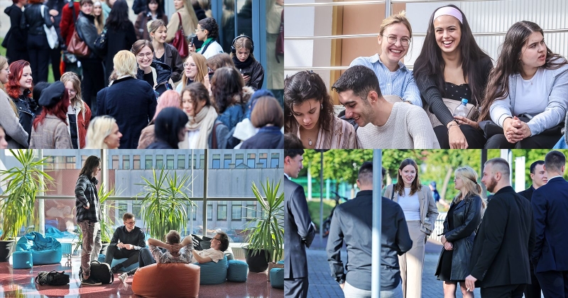 Kolaż czterech zdjęć przedstawiających studentów w różnych sytuacjach z życia uczelni