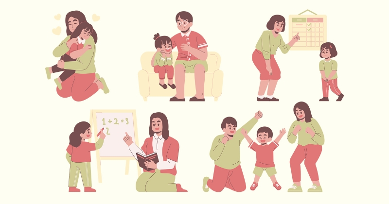 ilustracja na której znajdują się rodzice i dzieci: przytulają się, uczą i bawią