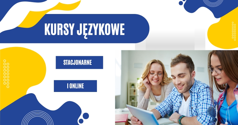 Plakat promujący kursy językowe w barwach żółto-niebieskich.  Po prawej zdjęcie studentów podczas zajęć. 