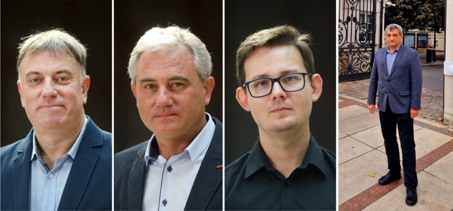 Zestawienie czterech fotografii mężczyzn w różnym wieku - trzy to fotografie portretowe na ciemnym tle, czwarta ukazuje całą sylwetkę na tle ozdobnej bramy.