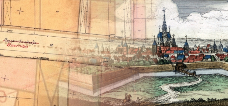 Dwa przenikające się obrazy - z lewej fragment planu godezyjnego Torunia, z prawej widok nowożytnej kolorowej ryciny przedstawiającej miasto z bastionami i fosą.