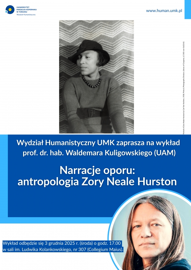 Plakat promujący wykład pt. Narracje oporu: antropologia Zory Neale Hurston