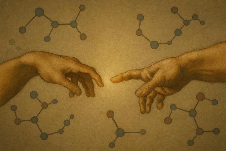 Grafika ma charakter symboliczny i artystyczny. Na środku znajduje się para ludzkich rąk przedstawionych w stylu malarskim ? są to dwie wyciągnięte dłonie, które zbliżają się do siebie palcami wskazującymi, niemal się dotykając. Dłoń po lewej stronie jest skierowana lekko ku górze, a ta po prawej wyciąga palec w jej stronę. Układ dłoni przypomina słynny motyw z renesansowego fresku, w którym dwie ręce niemal się stykają, tworząc napięcie i poczucie ważnej chwili.  Tło jest w odcieniach ciepłego, przygaszonego brązu i beżu, nadając obrazowi starodawny, lekko pergaminowy wygląd. Na tym tle rozmieszczone są schematyczne rysunki cząsteczek ? złożone z połączonych kropek, jak w modelach chemicznych. Cząsteczki są w różnych miejscach: nad, pod i po bokach dłoni. Ich obecność nadaje grafice naukowy, biologiczno-chemiczny charakter.  Całość łączy motyw ludzkiego dotyku i relacji z elementami nauki, sugerując połączenie sztuki, człowieczeństwa i technologii lub biologii. Obraz ma spokojny, refleksyjny nastrój.