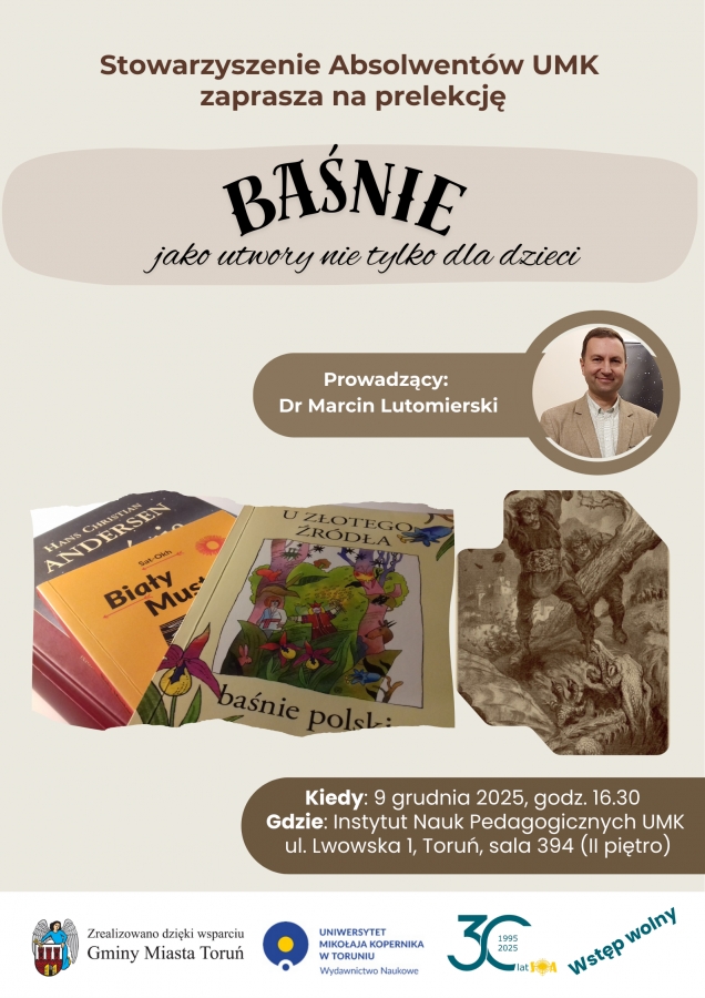 Plakat promujący wykład pt. Baśnie jako utwory nie tylko dla dzieci.
