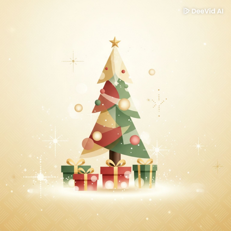 Stylizowana, graficzna ilustracja choinki ozdobionej złotą gwiazdą, bombkami i geometrycznymi wzorami w kolorach czerwieni i zieleni. U jej podstawy leżą cztery prezenty ze złotymi wstążkami na tle ciepłego, migoczącego beżu.