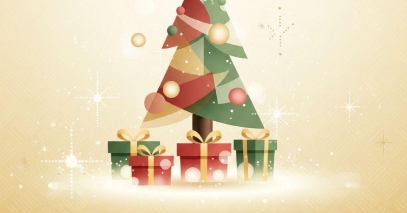 Stylizowana, graficzna ilustracja choinki ozdobionej złotą gwiazdą, bombkami i geometrycznymi wzorami w kolorach czerwieni i zieleni. U jej podstawy leżą cztery prezenty ze złotymi wstążkami na tle ciepłego, migoczącego beżu.