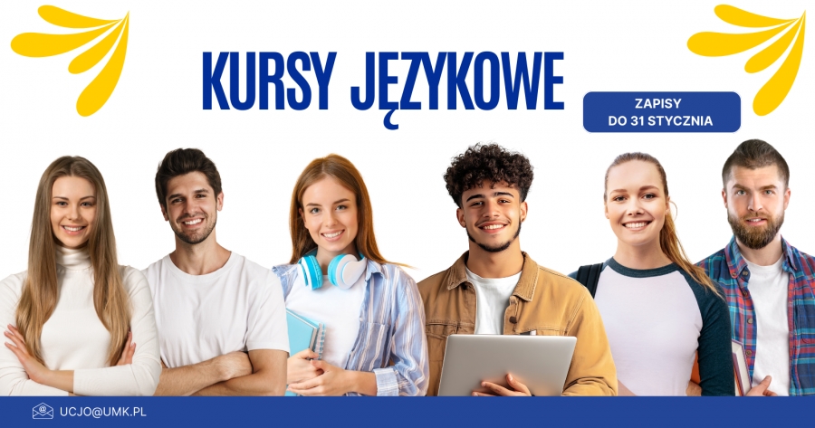 Plakat reklamujący kursy językowe. Na pierwszym planie grupa uśmiechniętych studetów. W tle napis Kursy językowe. 