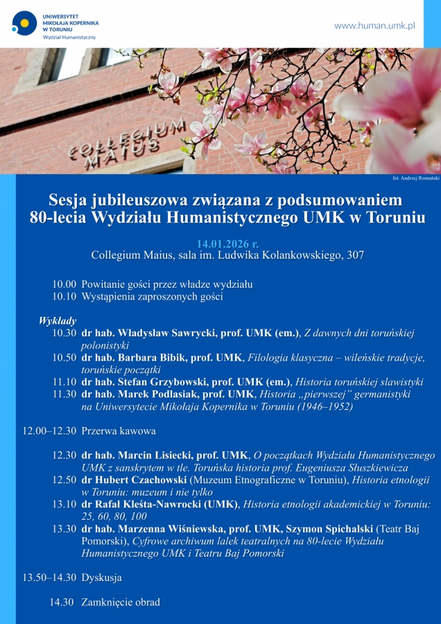 Plakat informujący o jubileuszowej sesji podsumowującej 80 lat Wydziału Humanistycznego UMK wraz z programem.