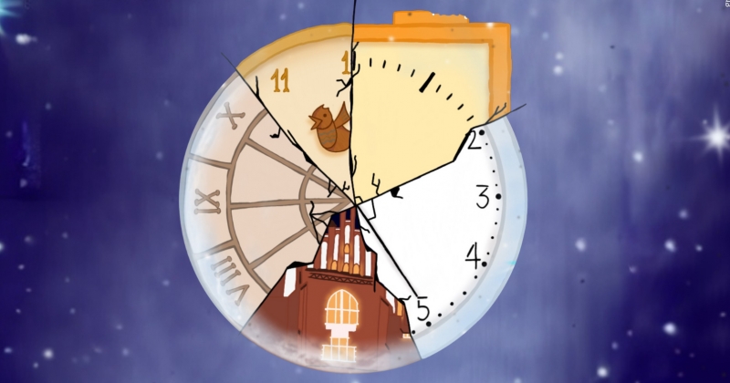  Plakat 5. Nocy Kultury w Maiusie: Rytmy Czasu. Złożony z pięciu róznych części zegar. W jednej z nich rysunek Collegium Maius. 