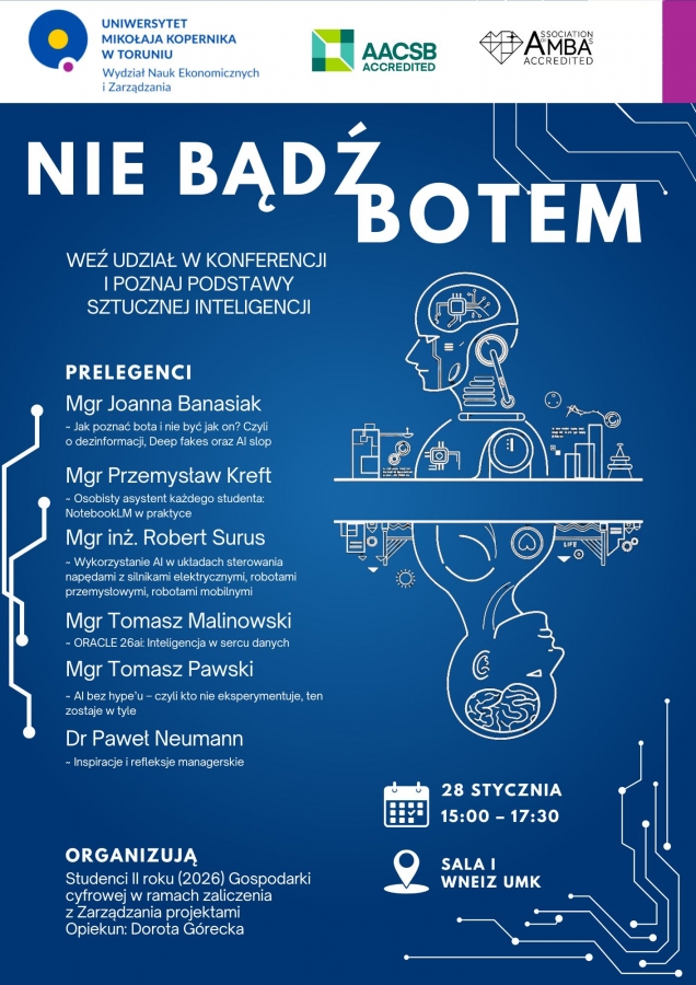Napis Nie bądź botem. Weź udział w konferencji i poznaj podstawy sztucznej inteligencji. Rysunek profilu robota.
