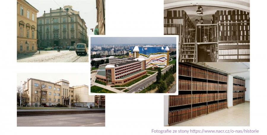 Mozaika pięciu zdjęć - trzy przedstawiają stare i nowe budynki archiwalne, a dwa stare i nowe magazyny archiwalne.