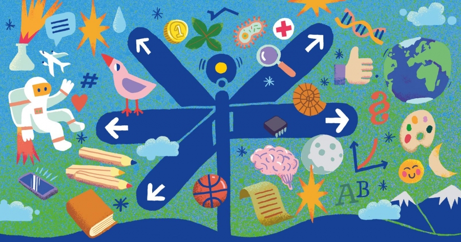 Kolorowa grafika zapowiadająca dzisń na UMK, na rysunku widać przedmioty związane z różnymi dyscyplinami nauki, m.in. paletę farb, książkę, kredki, monetę, fragment łańcucha DNA itd.