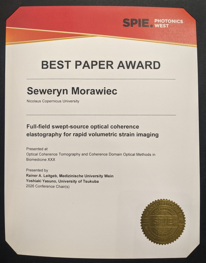 Nagroda Best Paper Award za najlepszą prezentację podczas międzynarodowej konferencji SPIE Photonics West 2026