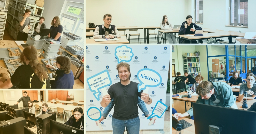 Na kolażu zdjęć widać osoby studiujące  pracujące w różnych szkolnych przestrzeniach ? przy komputerach, podczas zajęć praktycznych, przy stołach w klasach oraz przy stanowisku promocyjnym ? pokazujących różnorodne aktywności edukacyjne