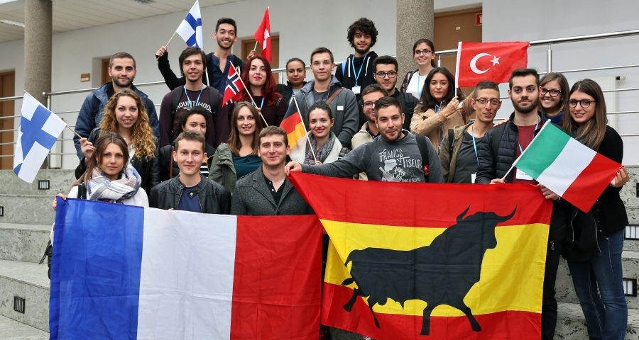 Group of international students with flags