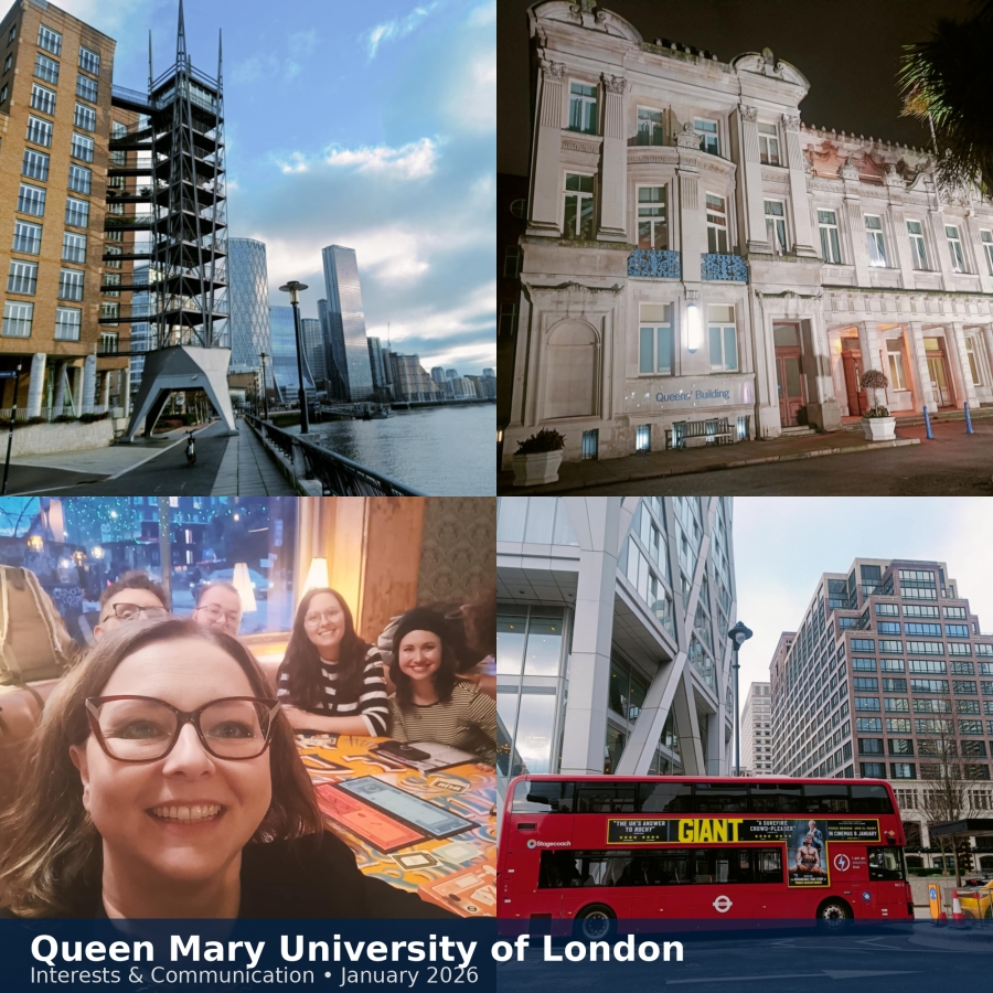 Kolaż zdjęć z Londynu: nowoczesne budynki nad Tamizą, zabytkowy gmach Queen Mary University nocą, selfie uczestniczek konferencji przy stole oraz czerwony londyński autobus na ulicy miasta.