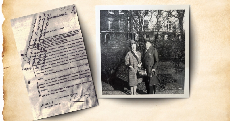 Zestawienie archiwalnych materiałów: po lewej pożółkły dokument z odręcznymi notatkami, po prawej czarno-białe zdjęcie starszej pary stojącej w ogrodzie przed budynkiem.