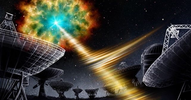 Grafika pokazująca fragment kosmosu oraz radioteleskopy