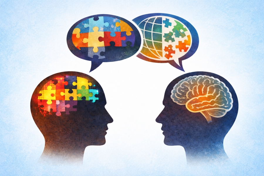 Dwie sylwetki głów w profilu z mózgami i kolorowymi puzzlami oraz dymkami dialogowymi symbolizującymi komunikację i różnice poznawcze.