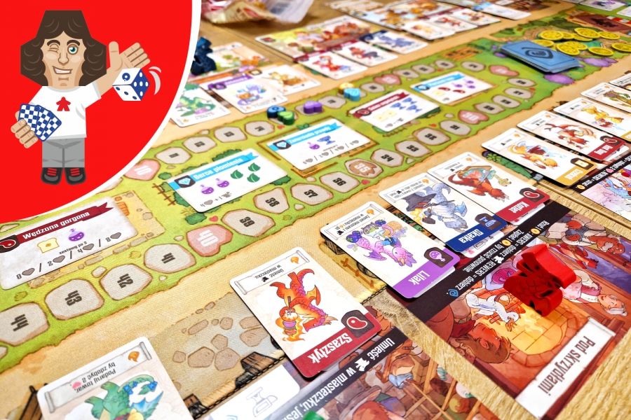 na zdjęciu gra planszowa Flamecraft - mata, karty, pionki