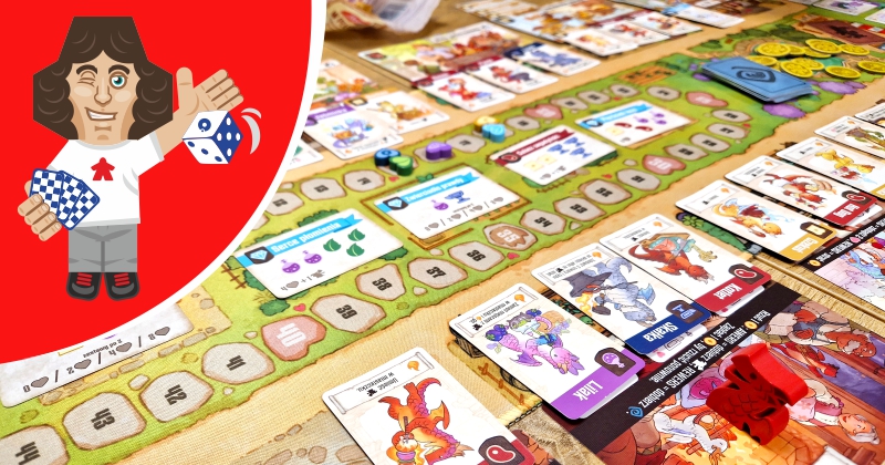 na zdjęciu gra planszowa Flamecraft - mata, karty, pionki