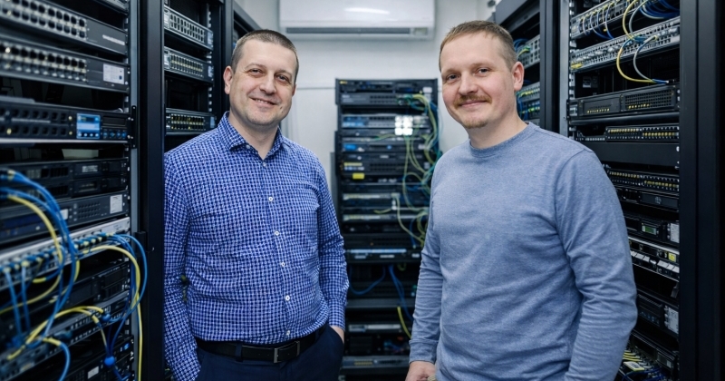 Two smiling IT specialists (prof. Piotr Masłowski and prof. Mariusz Piwiński) standing in a server room between racks of networking equipment.