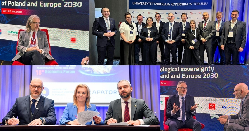 A collage of four photos showing representatives of Nicolaus Copernicus University during various events at the Forum