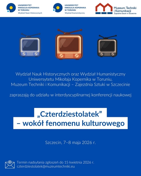 Plakat informujący o konferencji - na niebieskim tle tekst oraz trzy rysunki starych telewizorów
