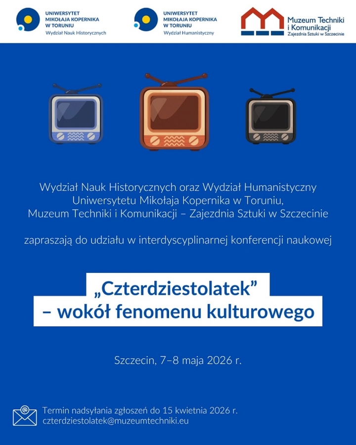 Plakat informujący o konferencji - na niebieskim tle tekst oraz trzy rysunki starych telewizorów