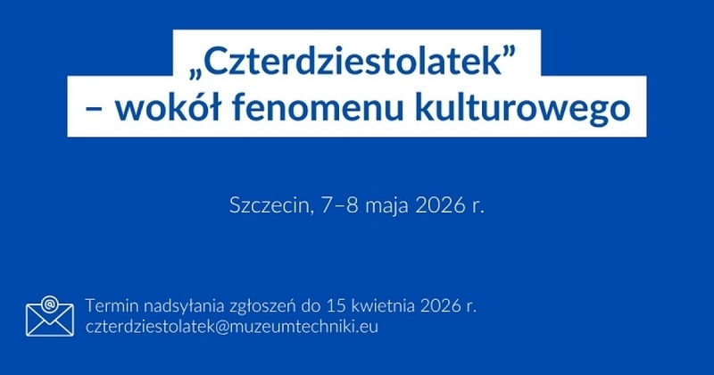 Plakat informujący o konferencji - na niebieskim tle tekst oraz trzy rysunki starych telewizorów