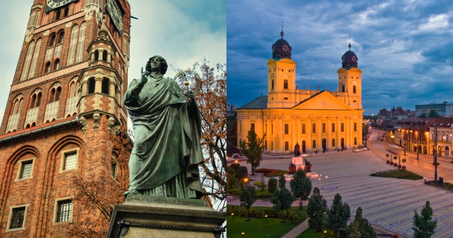 Po lewej stronie widoczna jest ceglana średniowieczna wieża zegarowa ratusza w Toruniu i pomnik Kopernika przed nią, a po prawej oświetlona wieczornym światłem monumentalna katedra z dwiema wieżami stojąca przy rozległym placu miejskim w Debreczynie.
