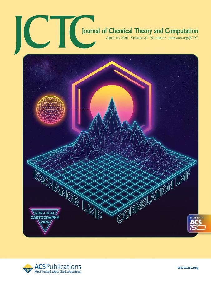 Okładka czasopisma JCTC (Journal of Chemical Theory and Computation) z 14 kwietnia 2026 r. Przedstawia futurystyczną, neonową grafikę w stylu synthwave z siatką 3D, górskim wykresem oraz napisami ?EXCHANGE LMF? i ?CORRELATION LMF?.