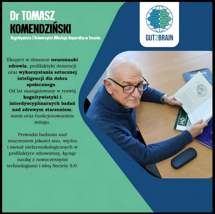 zdjęcie dr Tomasza Komendzińskiego na zielonym tle . W prawym górnym rogu logo GUT2BRAIN globus - siatka kartograficzna a na niej półkule mózgu prawa jasno zielona, lewa ciemno zielona