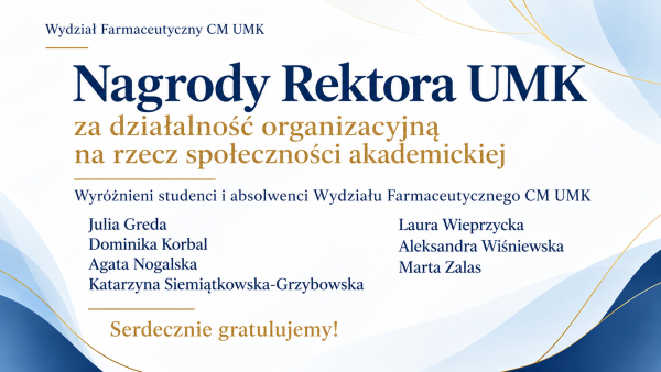Nagrody JM Rektora UMK dla studentów i absolwentów Wydziału Farmaceutycznego