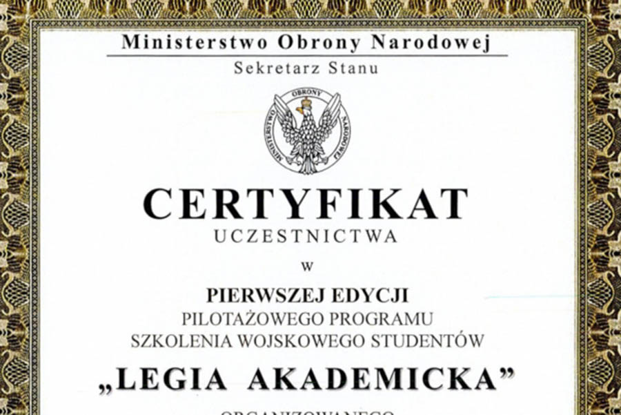Certyfikat udziału w pierwszej edycji Legii Akademickiej, otrzymany przez UMK od Ministerstwa Obrony Narodowej