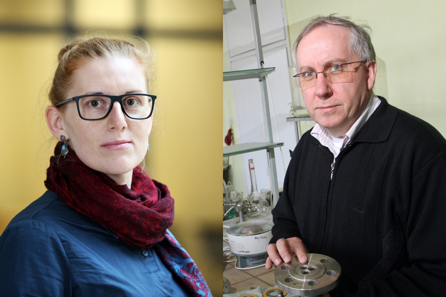 Współautorzy nagrodzonego wynalazku: dr Joanna Kujawa i dr hab. Wojciech Kujawski, prof. UMK z Wydziału Chemii [fot. Andrzej Romański]