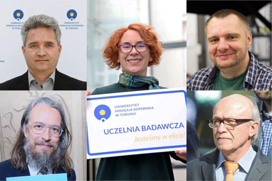 Dr Agata Karska oraz (od góry, od lewej): dr hab. Daniel Gackowski, prof. UMK; prof. dr hab. Sebastian Maćkowski; dr Adam Kola i prof. dr hab. Mariusz Lemańczyk [fot. Andrzej Romański]