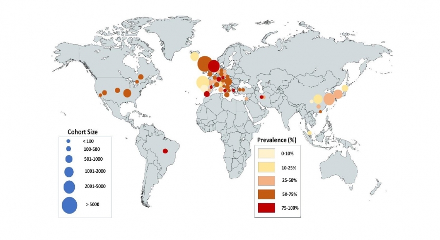 Mapa przedstawiająca częstość występowania zaburzeń chemosensorycznych (węchu oraz smaku sumarycznie) w różnych rejonach świata. Wielkośc koła odpowiada liczbie badanych, a barwa koła określa częstość zaburzeń w danej lokalizacji. 